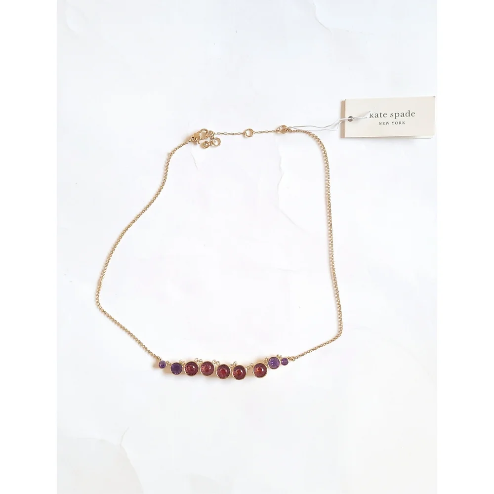 New! KATE SPADE Zirconia Stones Reflecting Pool Goldtone Necklace Red Purple